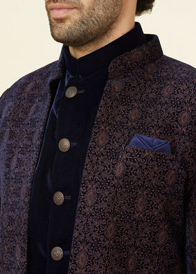 Manyavar Men Navy Blue Layered Indo Western Set