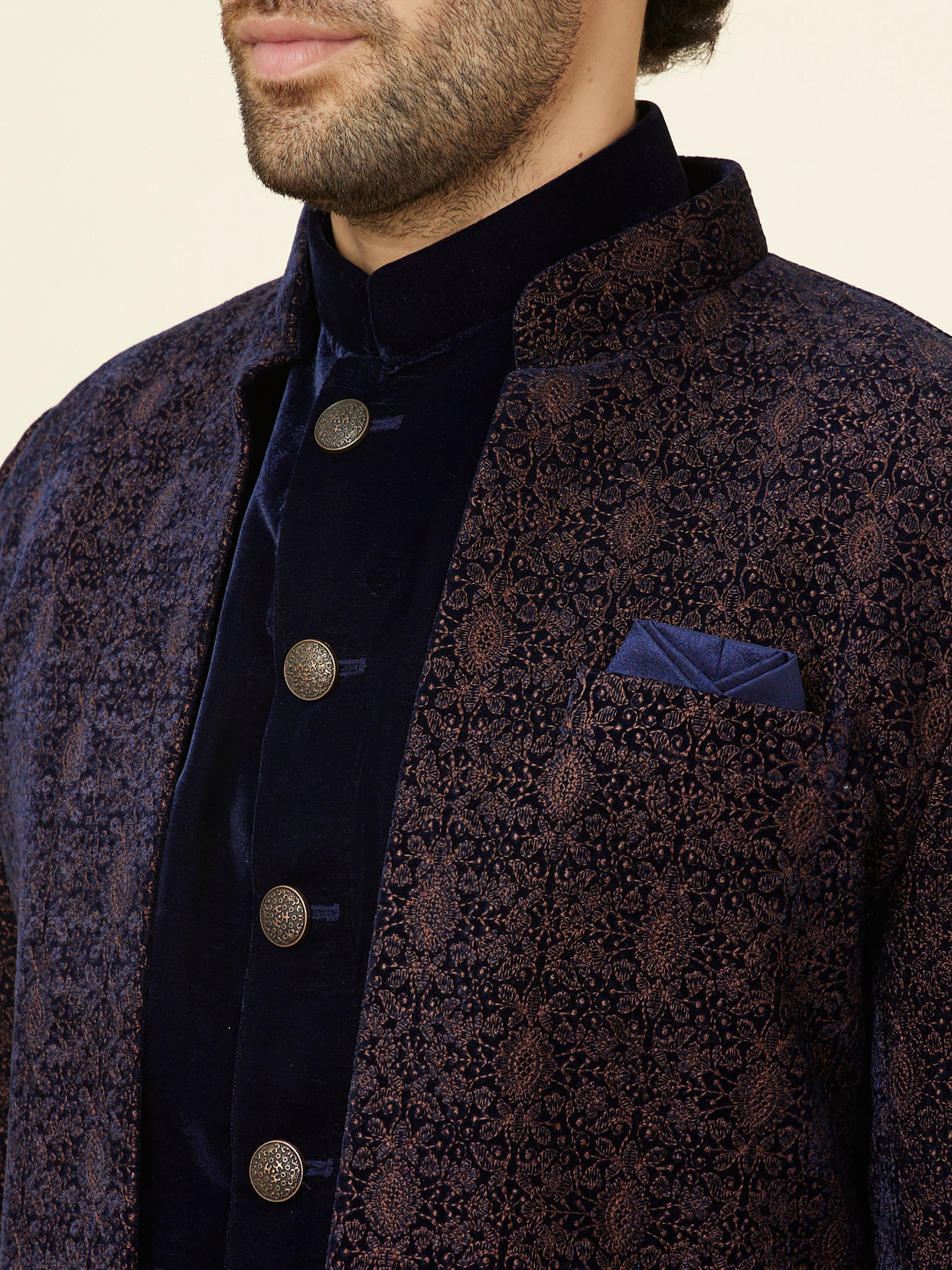Manyavar Men Navy Blue Layered Indo Western Set