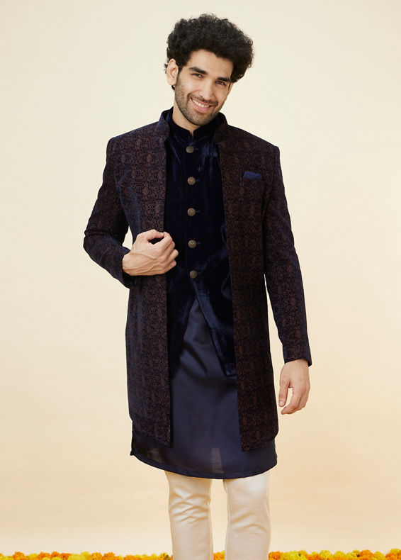 Manyavar Men Navy Blue Layered Indo Western Set