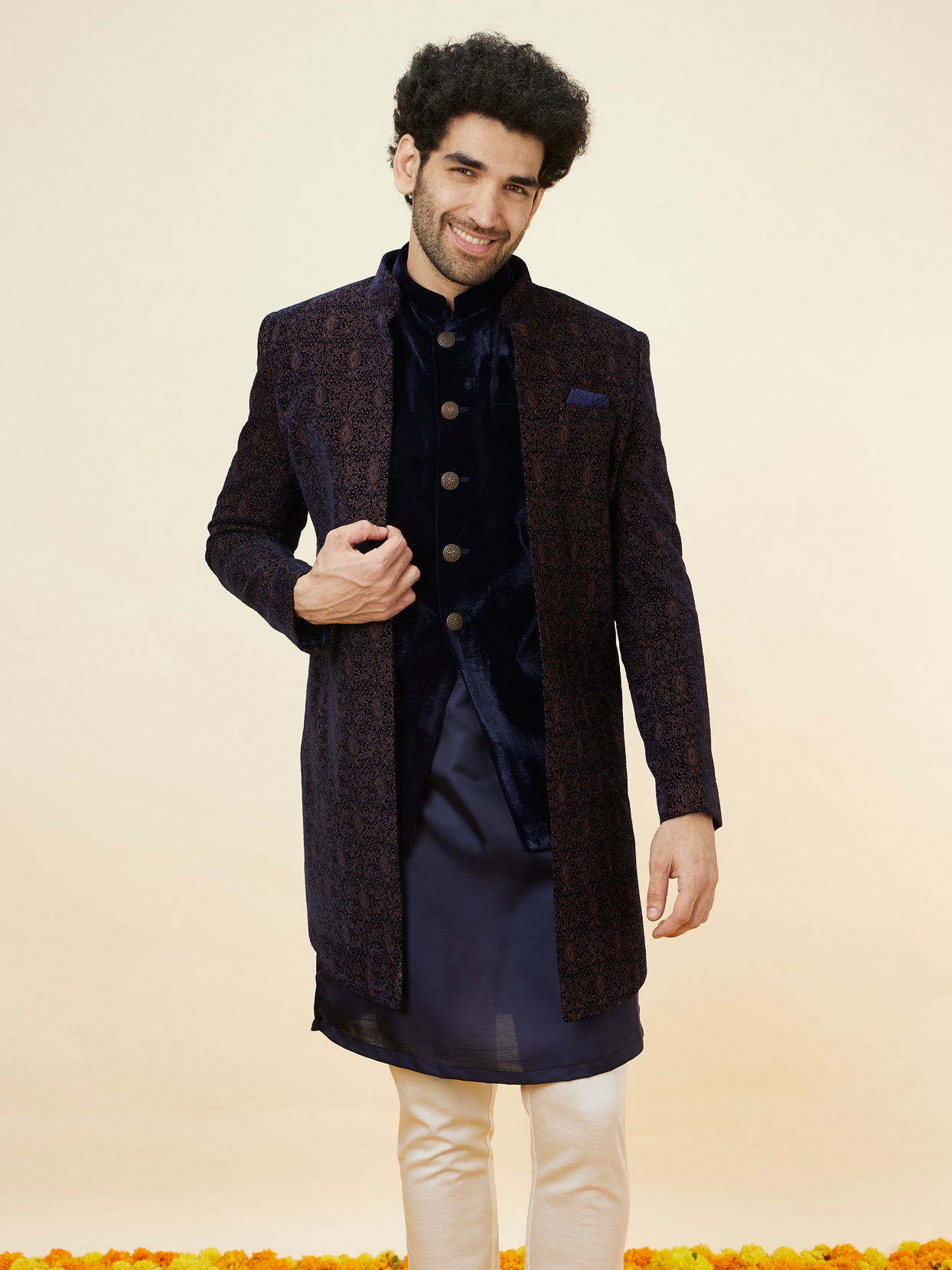 alt message - Manyavar Men Navy Blue Layered Indo Western Set image number 0