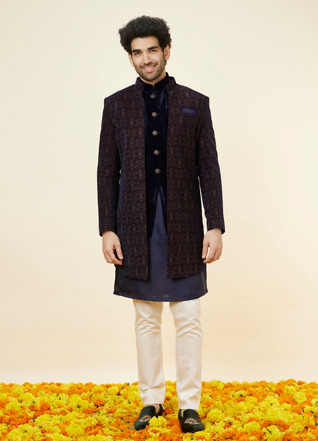 alt message - Manyavar Men Navy Blue Layered Indo Western Set image number 3