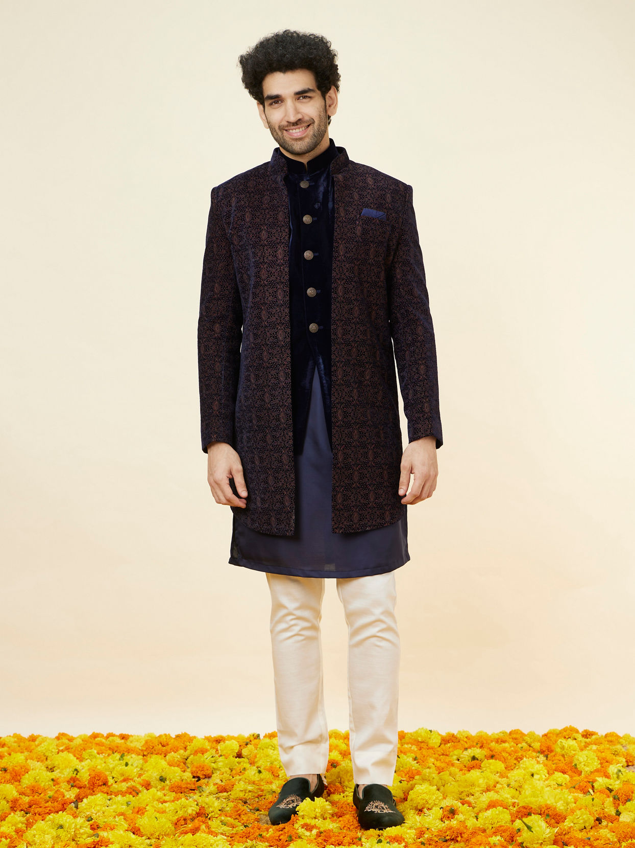 Manyavar Men Navy Blue Layered Indo Western Set