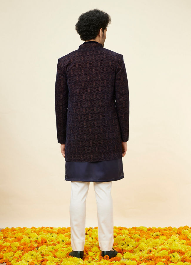 Manyavar Men Navy Blue Layered Indo Western Set