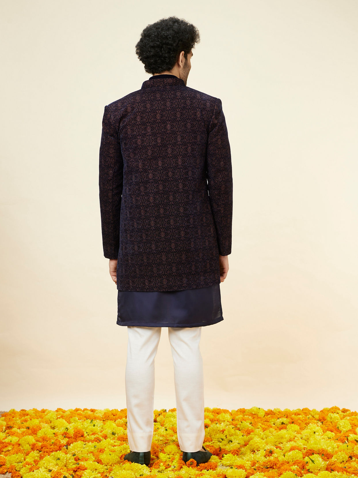 Manyavar Men Navy Blue Layered Indo Western Set