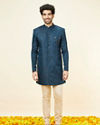 Manyavar Men Royal Blue Leaf Jaal Patterned Indo Western Set