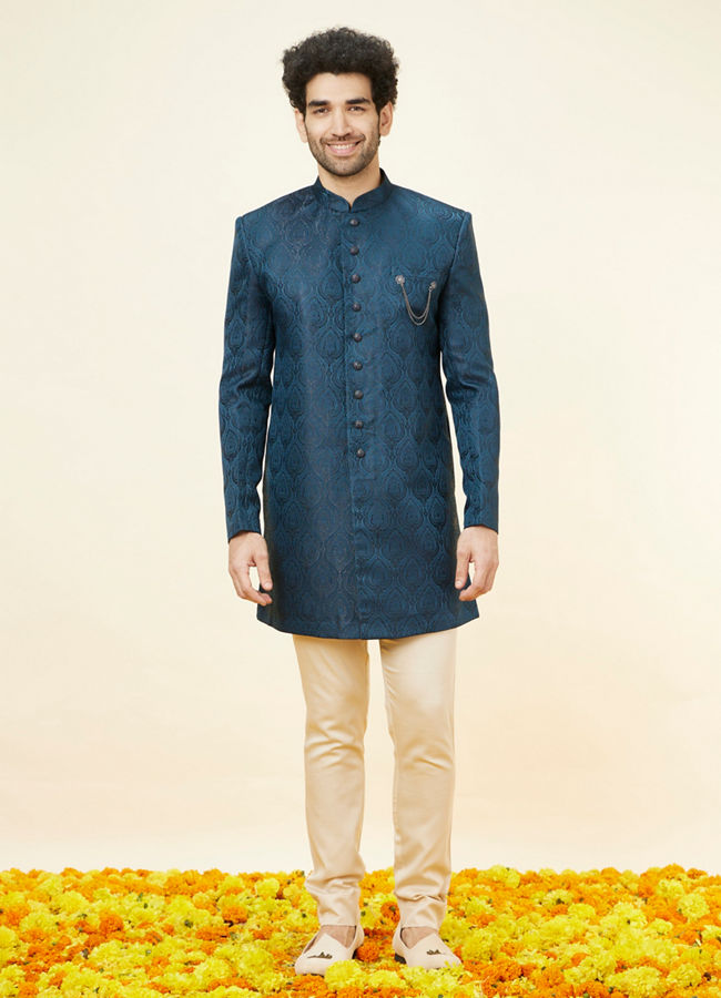Manyavar Men Royal Blue Leaf Jaal Patterned Indo Western Set