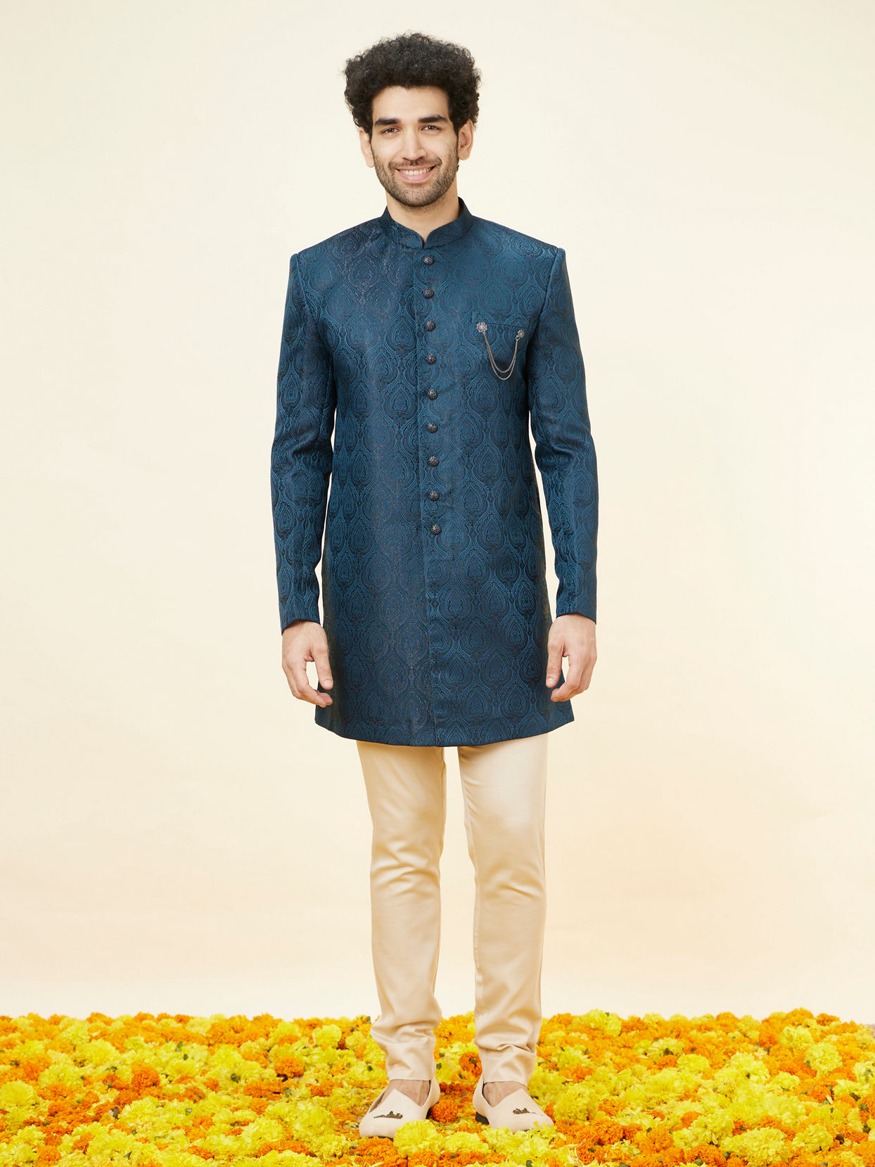 Manyavar Men Royal Blue Leaf Jaal Patterned Indo Western Set