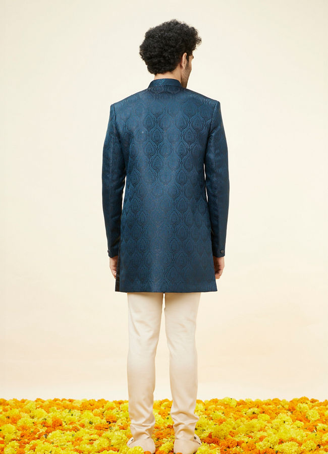 Manyavar Men Royal Blue Leaf Jaal Patterned Indo Western Set
