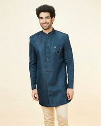 Manyavar Men Royal Blue Leaf Jaal Patterned Indo Western Set