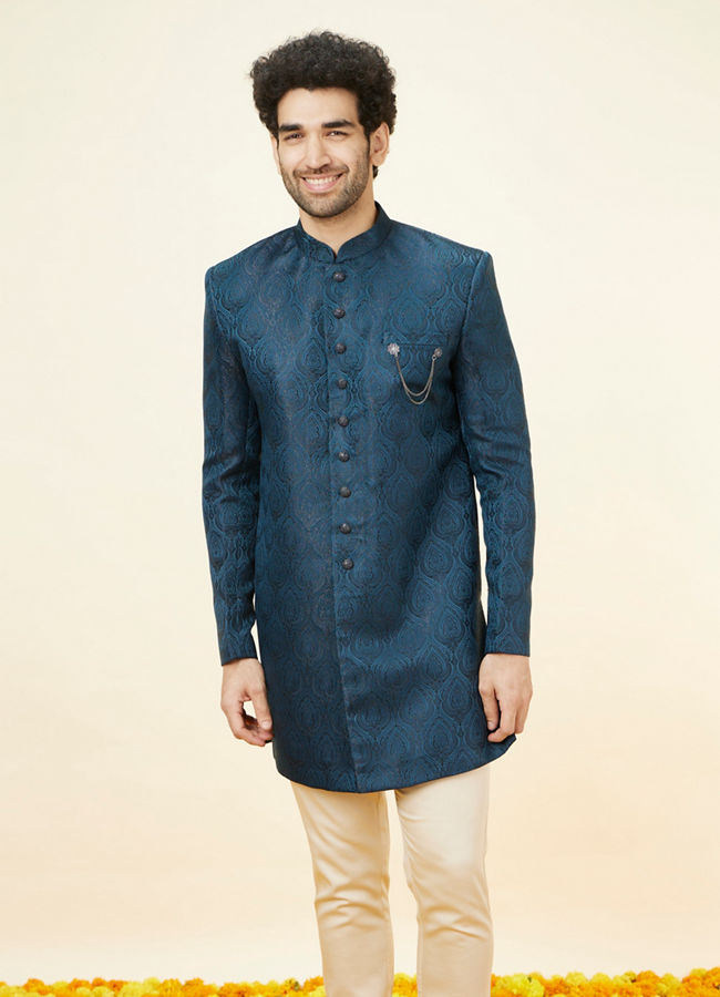 Buy Royal Blue Leaf Jaal Patterned Indo Western Set Online in India ...