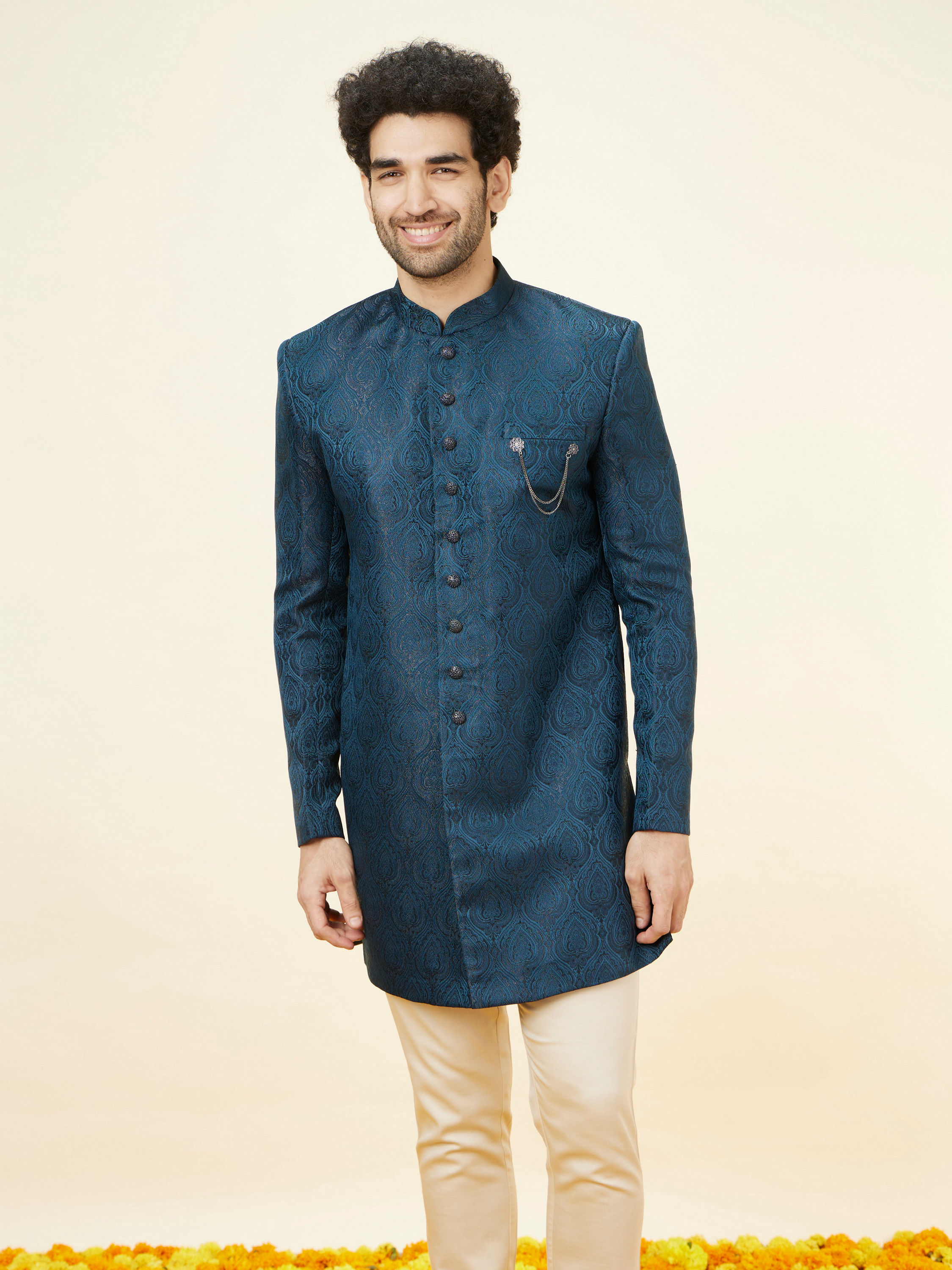 Manyavar Men Royal Blue Leaf Jaal Patterned Indo Western Set