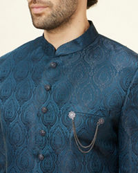 Manyavar Men Royal Blue Leaf Jaal Patterned Indo Western Set