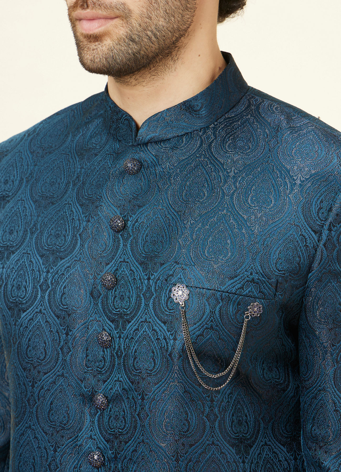 Manyavar Men Royal Blue Leaf Jaal Patterned Indo Western Set