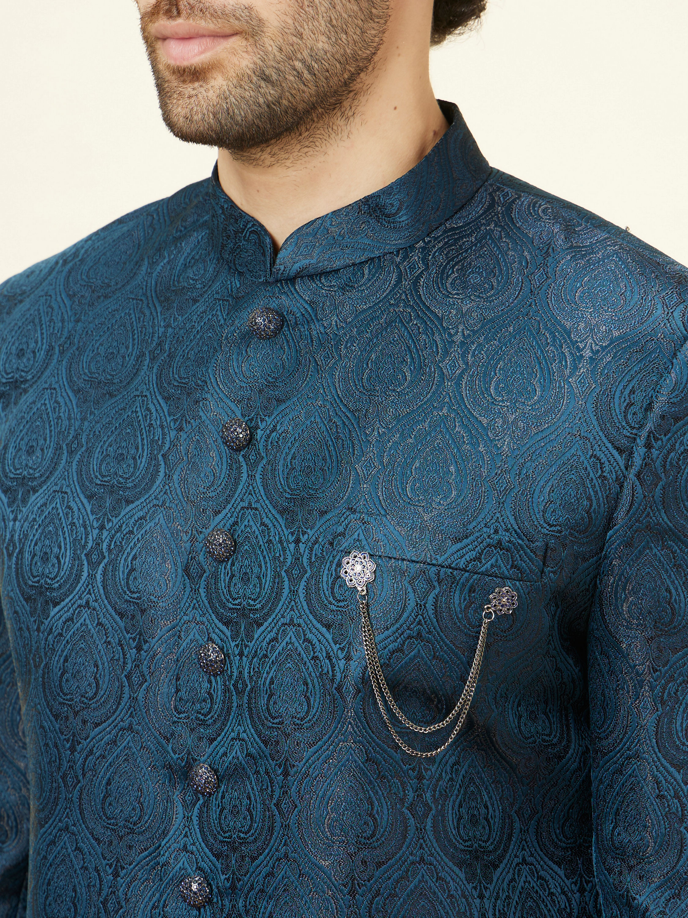 Manyavar Men Royal Blue Leaf Jaal Patterned Indo Western Set