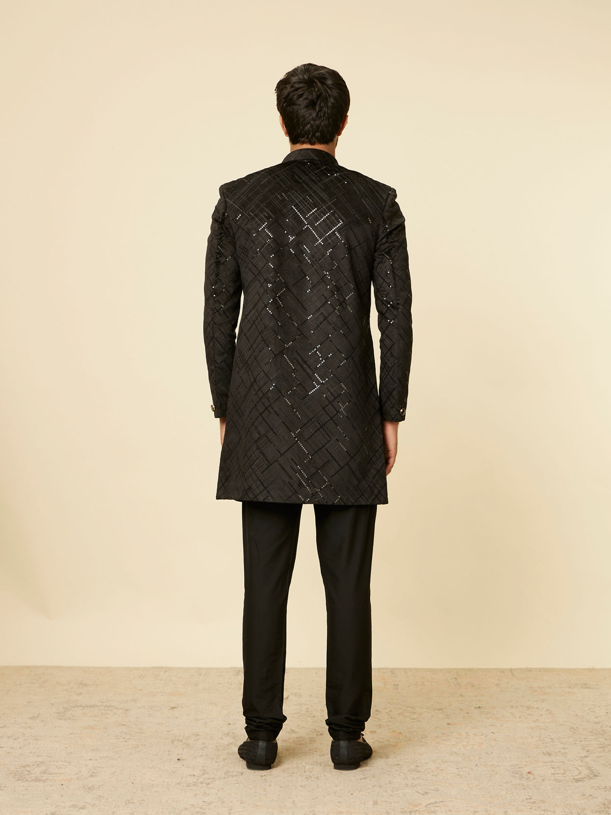 alt message - Manyavar Men Kohl Black Sequined Indo Western Set image number 3