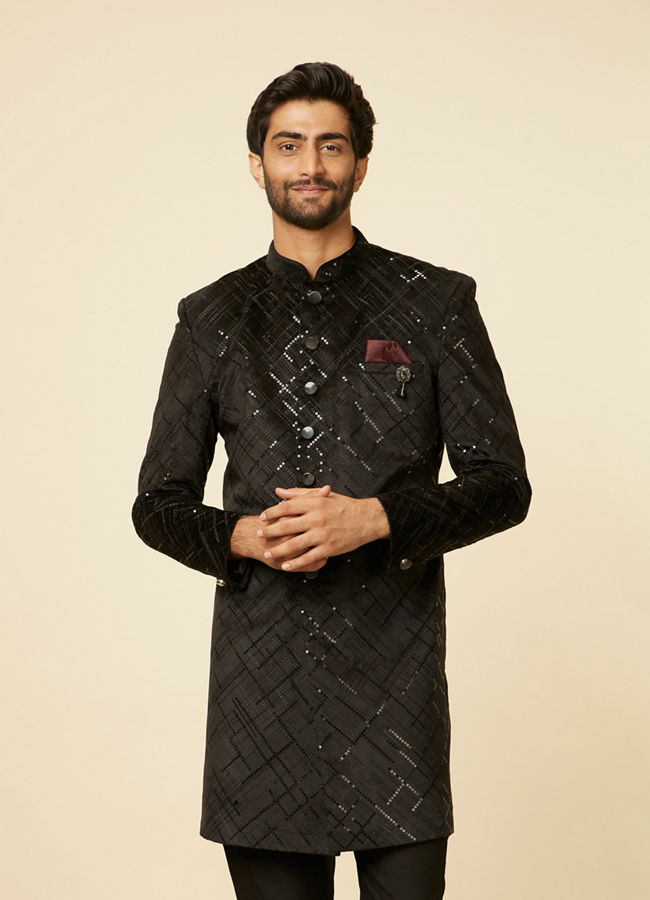 alt message - Manyavar Men Kohl Black Sequined Indo Western Set image number 0