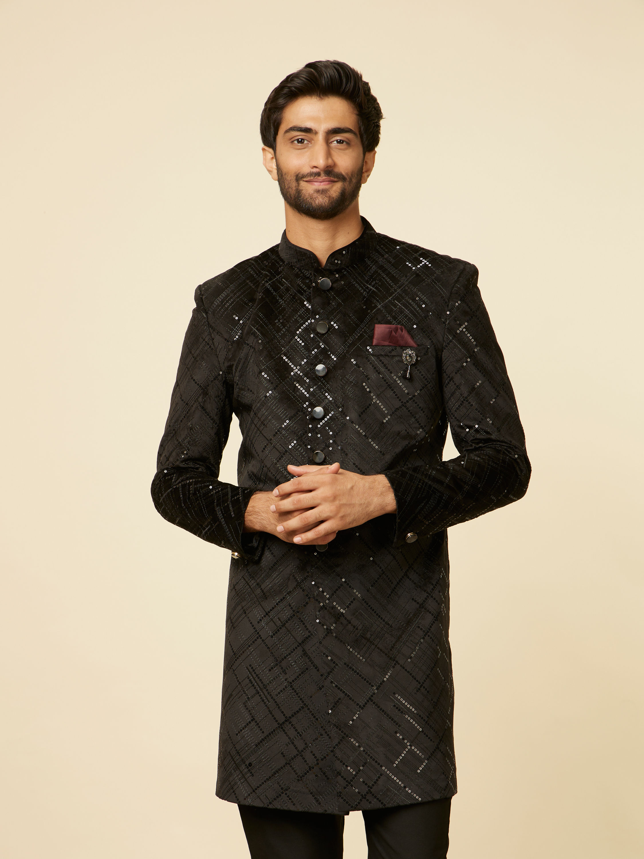 Manyavar Men Kohl Black Sequined Indo Western Set