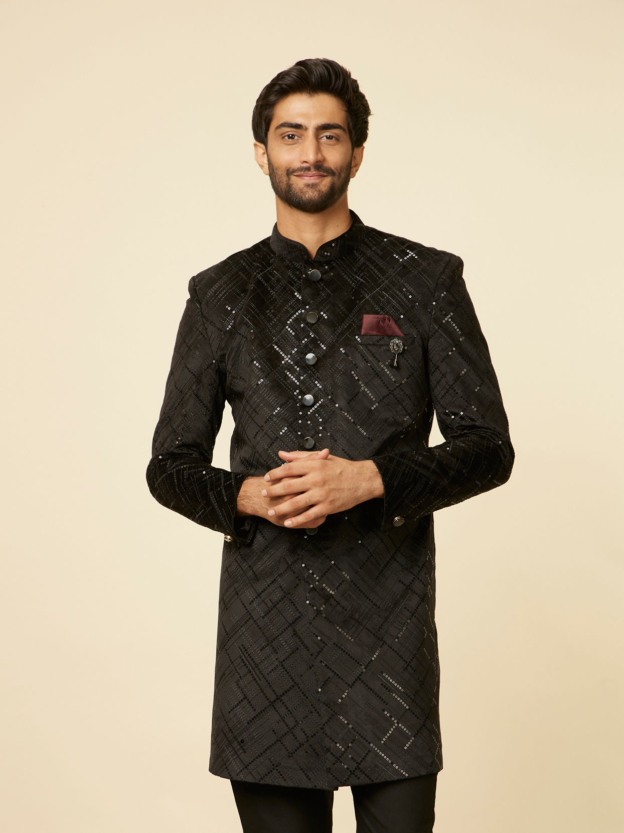 alt message - Manyavar Men Kohl Black Sequined Indo Western Set image number 0