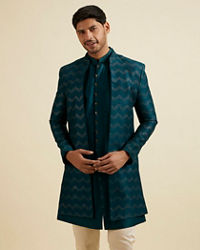 Manyavar Men Teal Green Chevron Patterned Indo Western Set