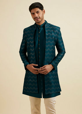 Manyavar Men Teal Green Chevron Patterned Indo Western Set