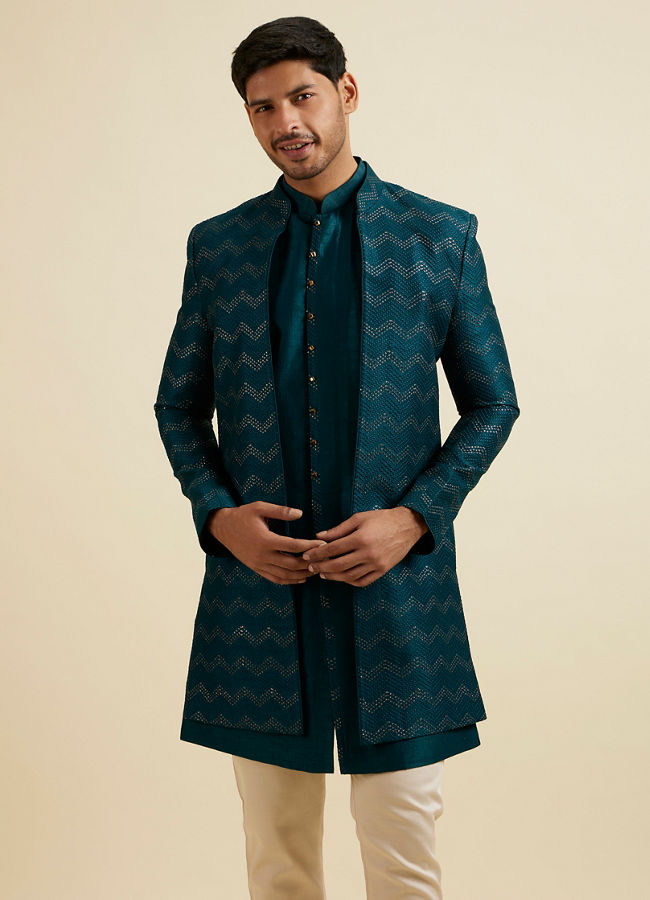 Manyavar Men Teal Green Chevron Patterned Indo Western Set