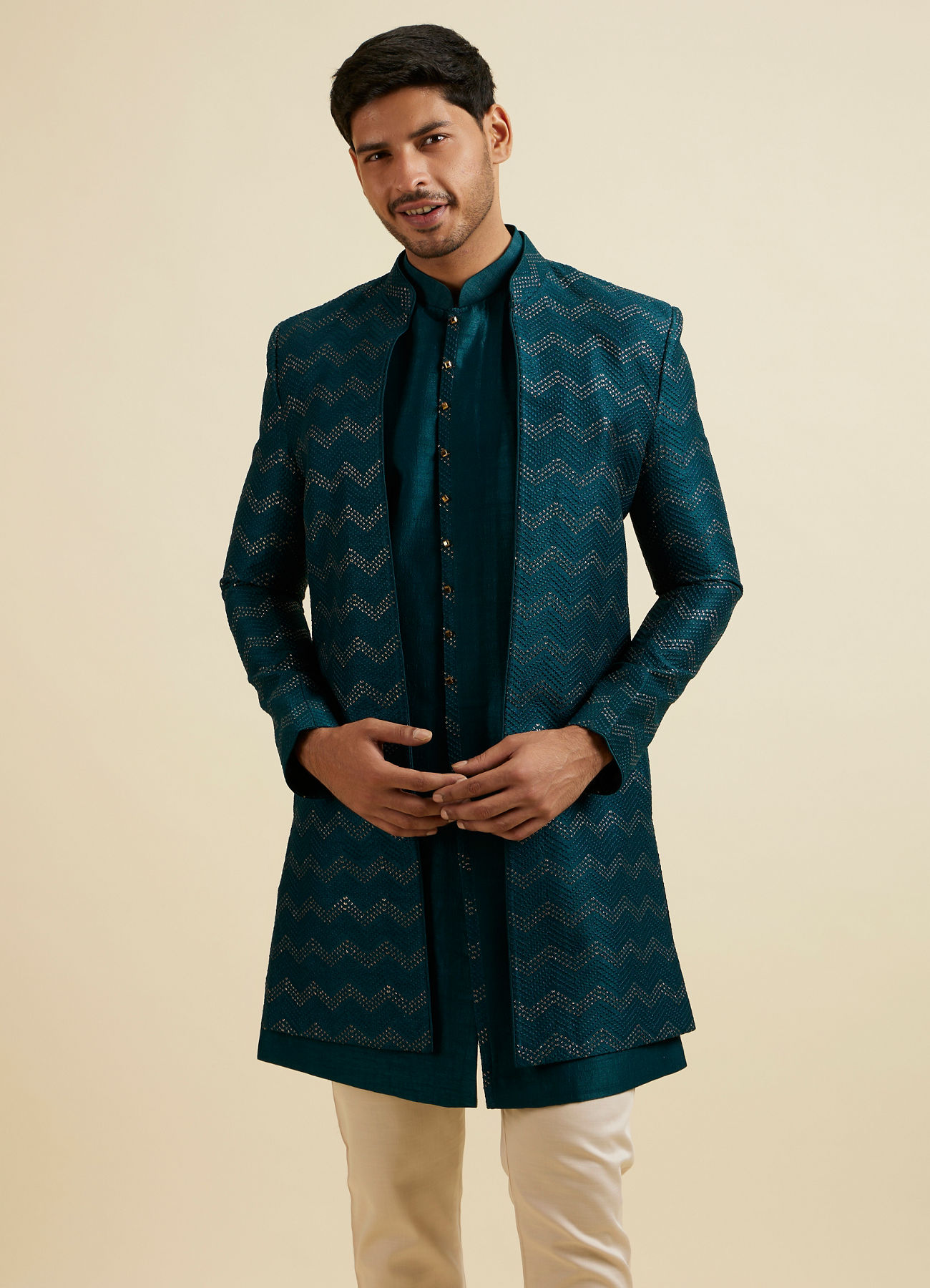 alt message - Manyavar Men Teal Green Chevron Patterned Indo Western Set image number 0