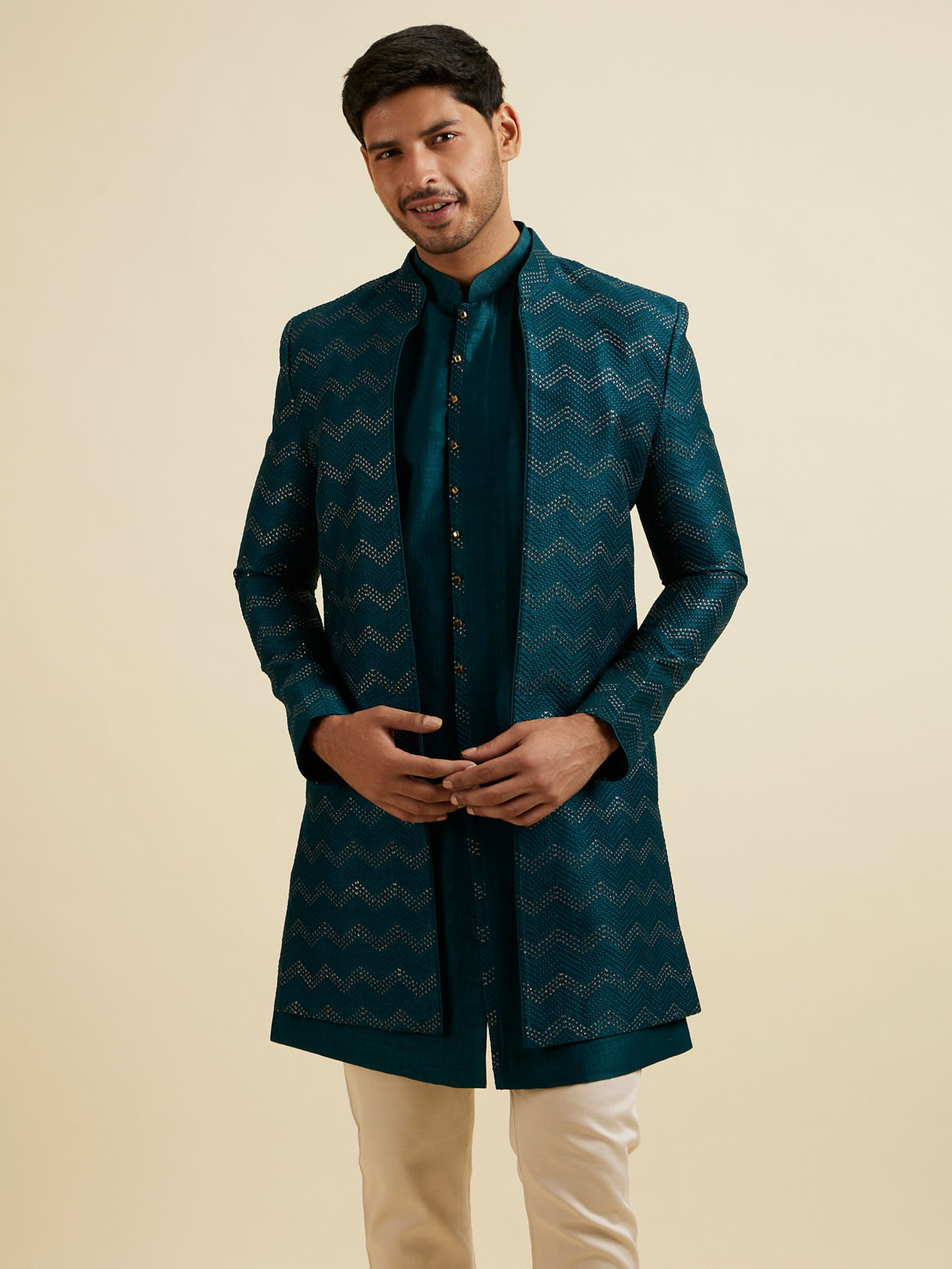 alt message - Manyavar Men Teal Green Chevron Patterned Indo Western Set image number 0