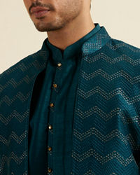 Manyavar Men Teal Green Chevron Patterned Indo Western Set