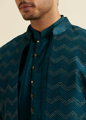 Manyavar Men Teal Green Chevron Patterned Indo Western Set