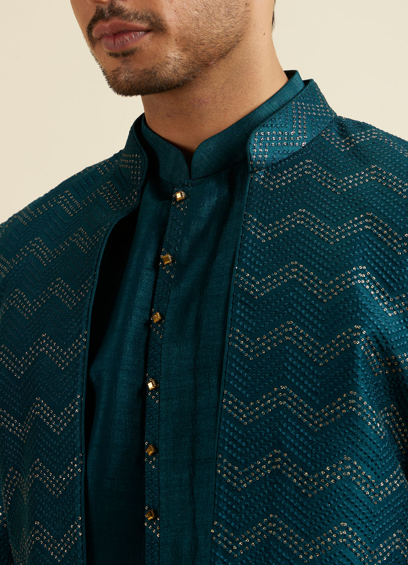 Manyavar Men Teal Green Chevron Patterned Indo Western Set