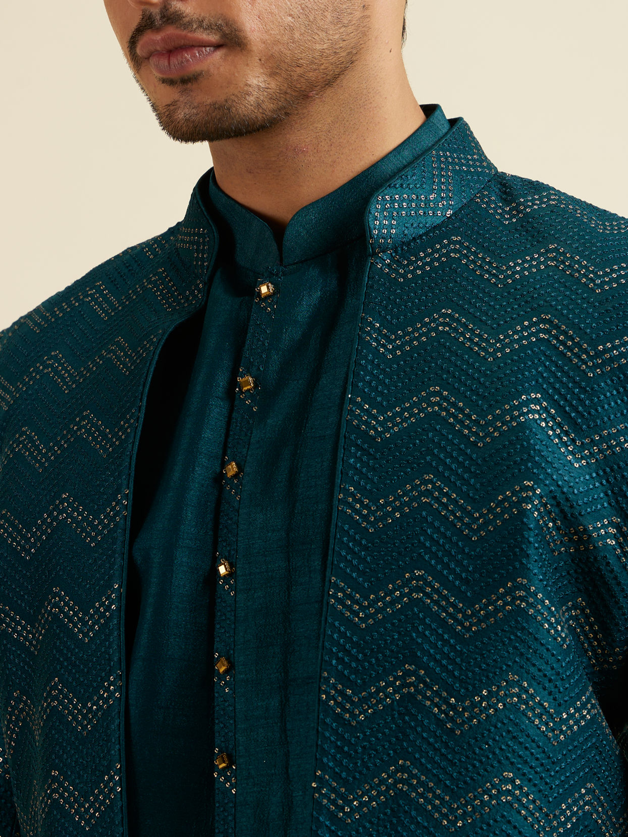 Manyavar Men Teal Green Chevron Patterned Indo Western Set