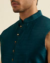 Manyavar Men Teal Green Chevron Patterned Indo Western Set