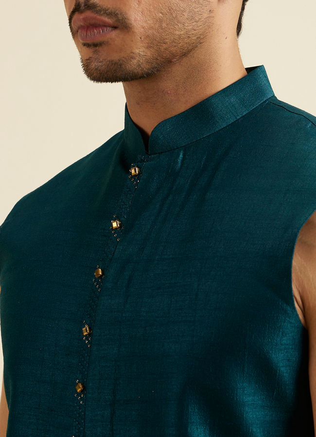 Manyavar Men Teal Green Chevron Patterned Indo Western Set