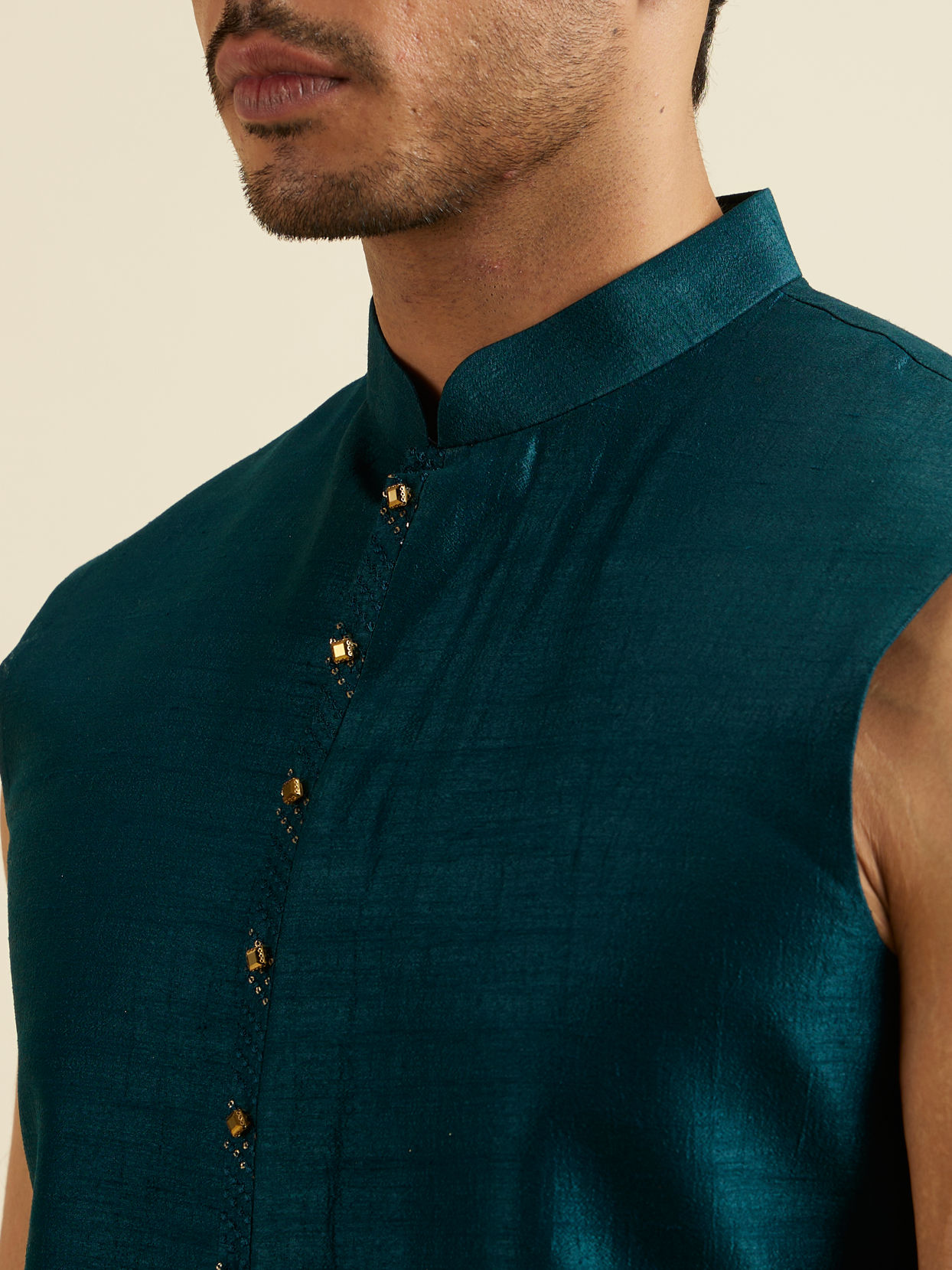 Manyavar Men Teal Green Chevron Patterned Indo Western Set