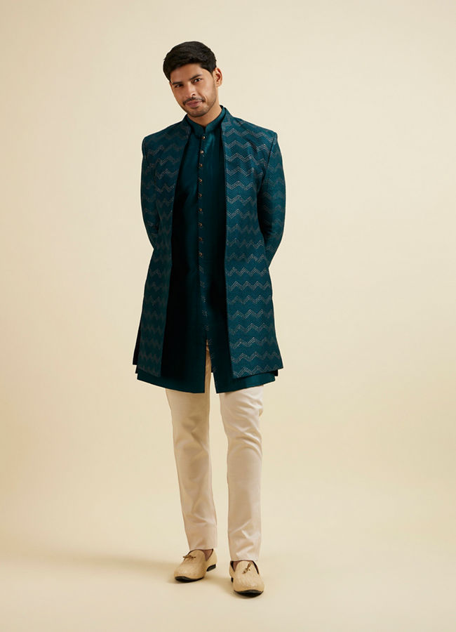 Manyavar Men Teal Green Chevron Patterned Indo Western Set