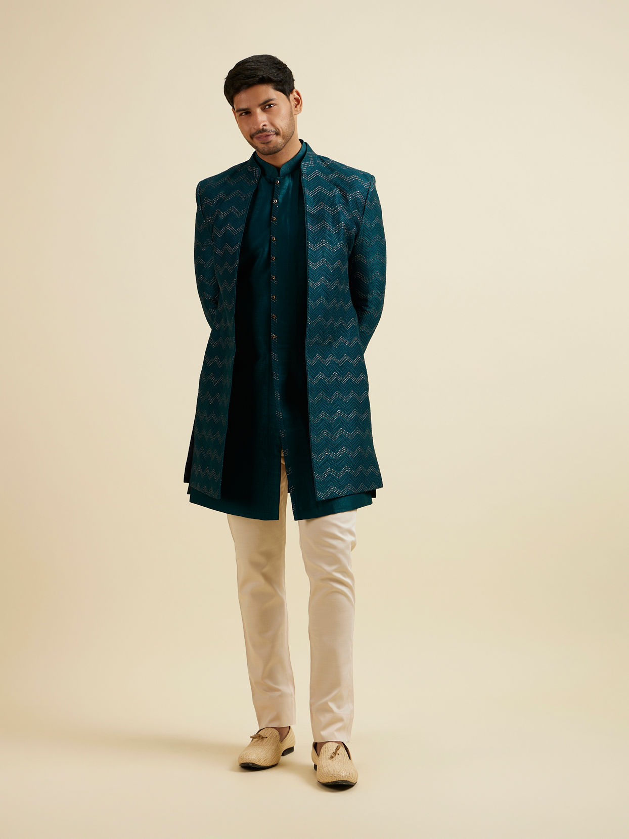 Manyavar Men Teal Green Chevron Patterned Indo Western Set