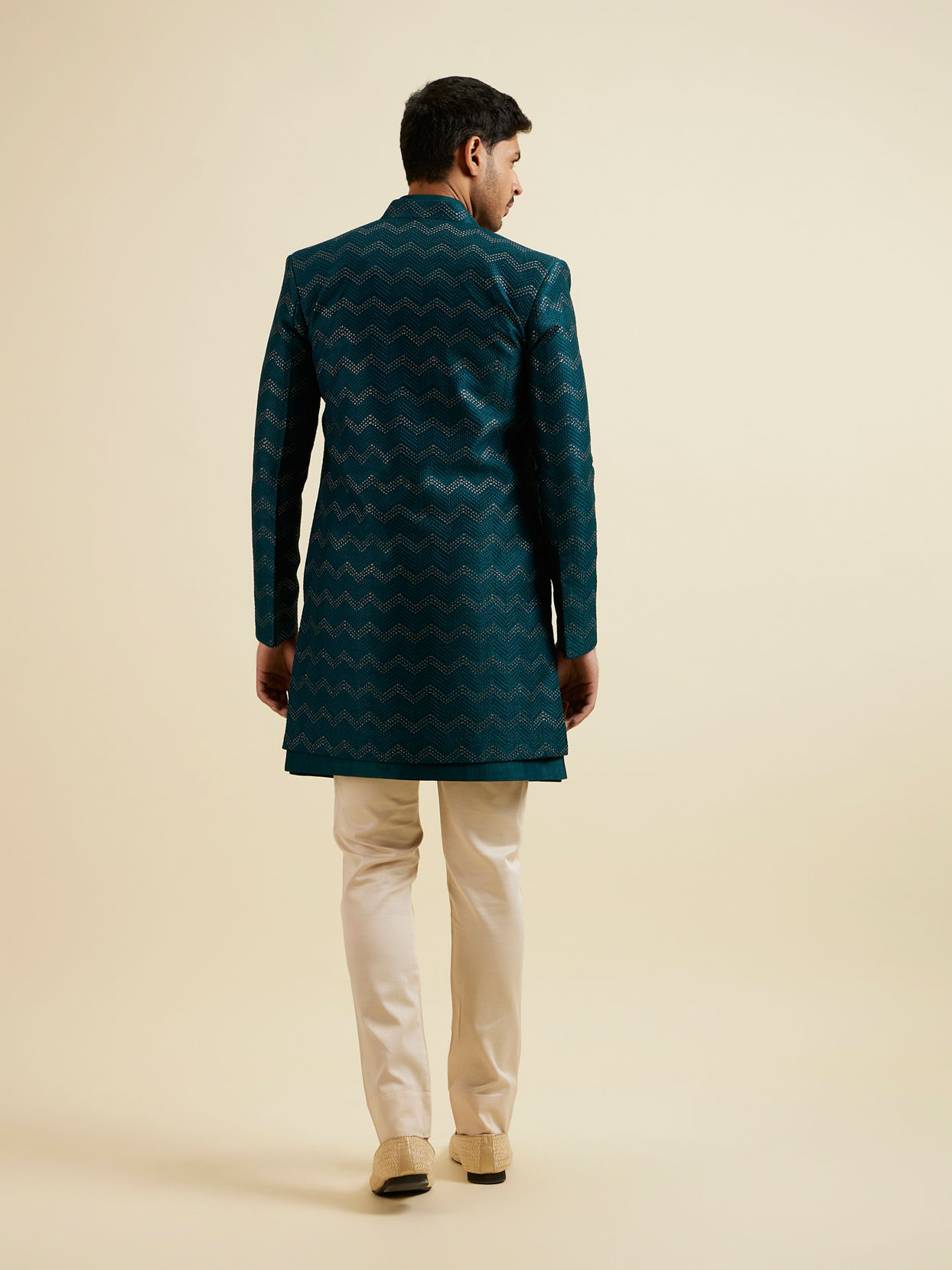 Manyavar Men Teal Green Chevron Patterned Indo Western Set