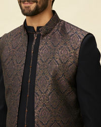 Manyavar Men Space Blue Medallion Patterned Layered Indo Western Set