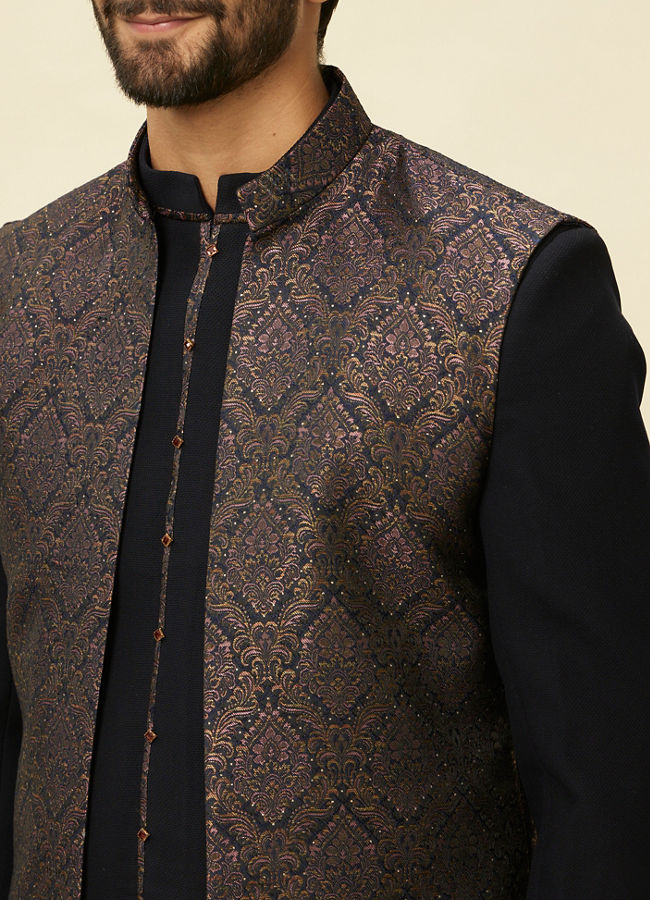 alt message - Manyavar Men Space Blue Medallion Patterned Layered Indo Western Set image number 1