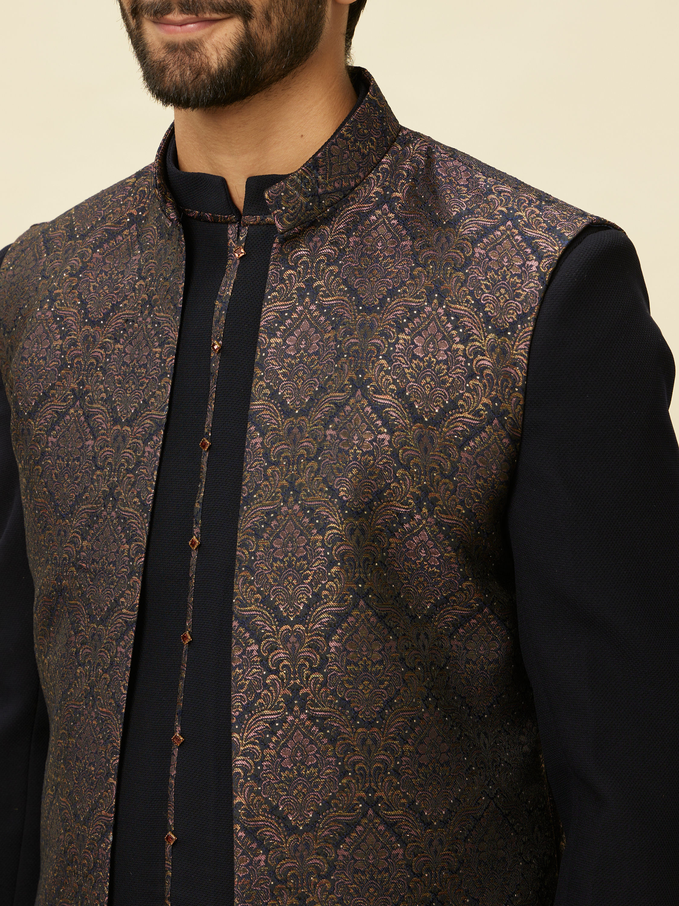 Manyavar Men Space Blue Medallion Patterned Layered Indo Western Set