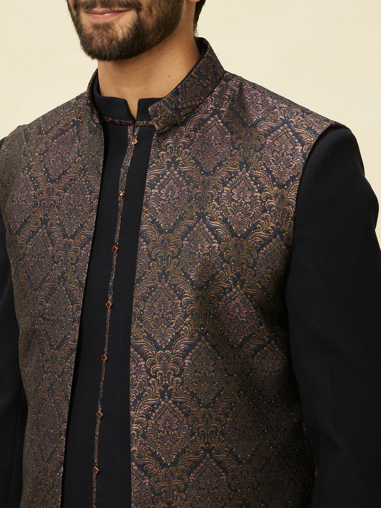 alt message - Manyavar Men Space Blue Medallion Patterned Layered Indo Western Set image number 1