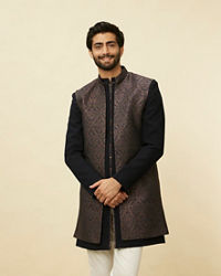 Manyavar Men Space Blue Medallion Patterned Layered Indo Western Set