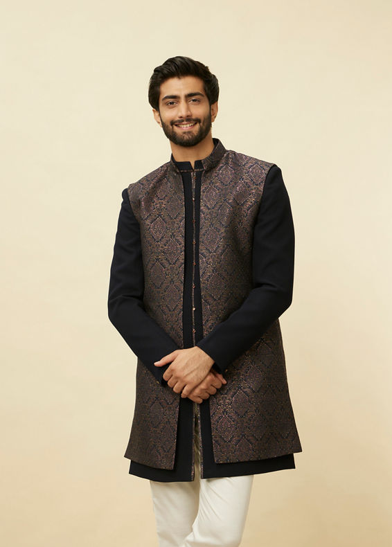 Manyavar Men Space Blue Medallion Patterned Layered Indo Western Set