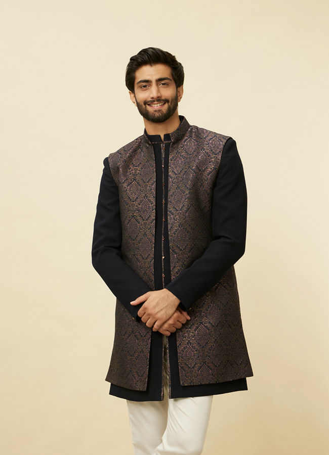 alt message - Manyavar Men Space Blue Medallion Patterned Layered Indo Western Set image number 0