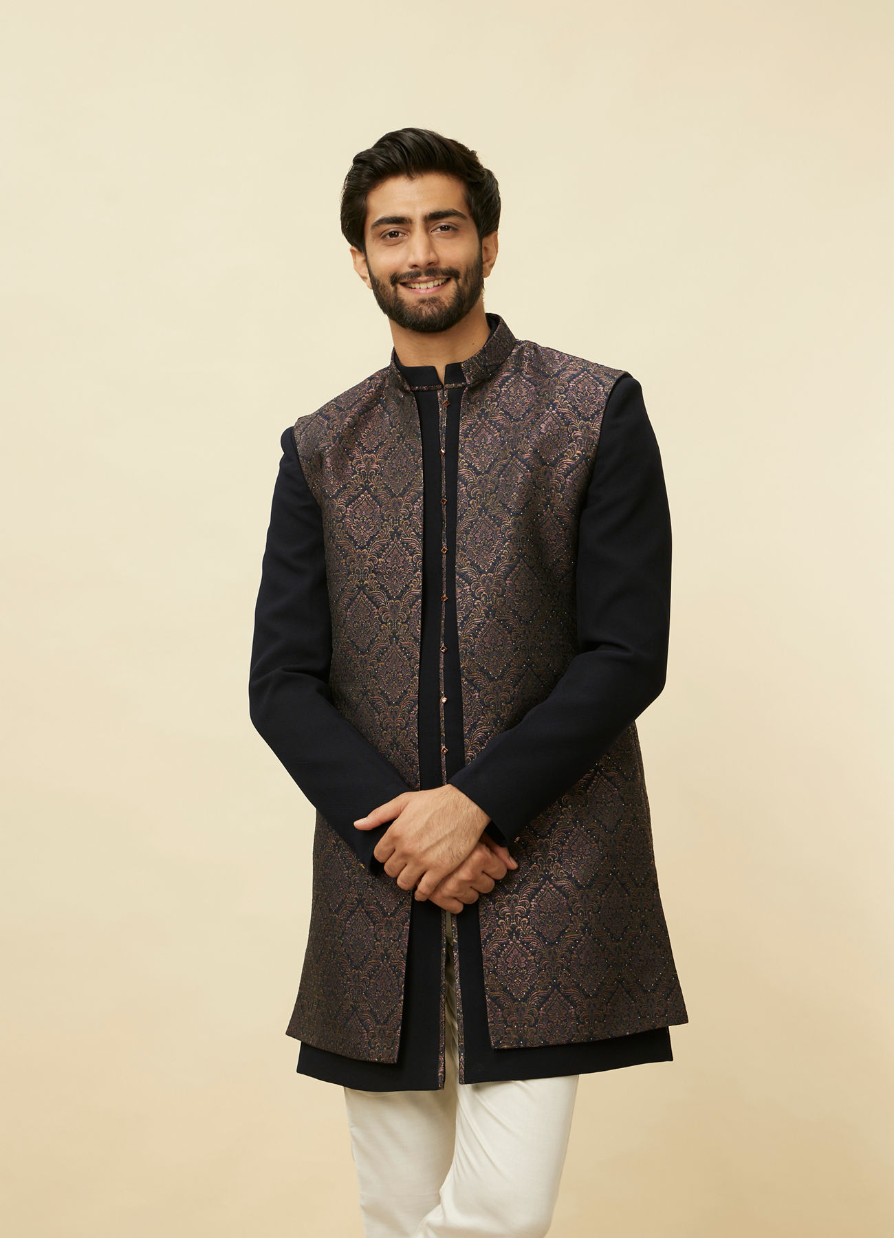 Manyavar Men Space Blue Medallion Patterned Layered Indo Western Set