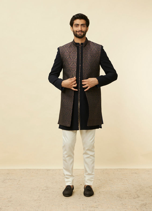 Manyavar Men Space Blue Medallion Patterned Layered Indo Western Set