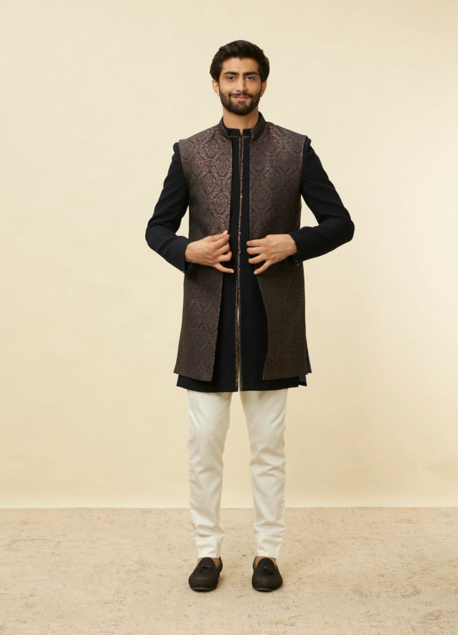 alt message - Manyavar Men Space Blue Medallion Patterned Layered Indo Western Set image number 2