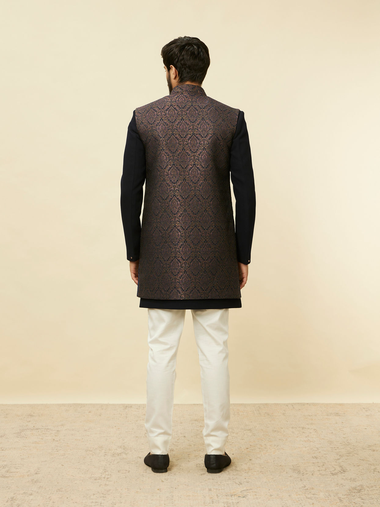 Manyavar Men Space Blue Medallion Patterned Layered Indo Western Set