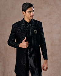 Manyavar Men Black Velvet Elegance Indo Western