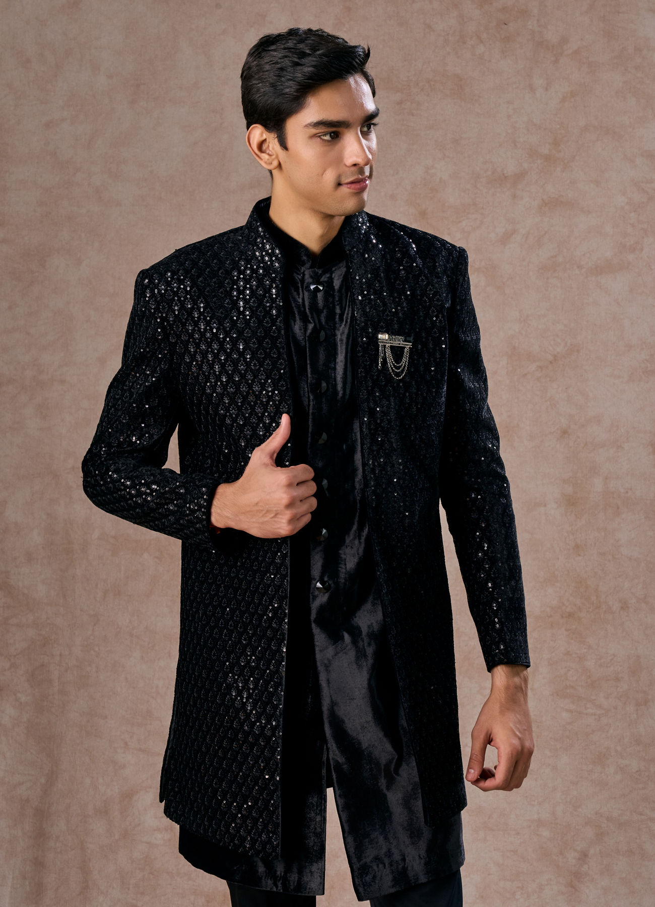 Manyavar Men Black Velvet Elegance Indo Western